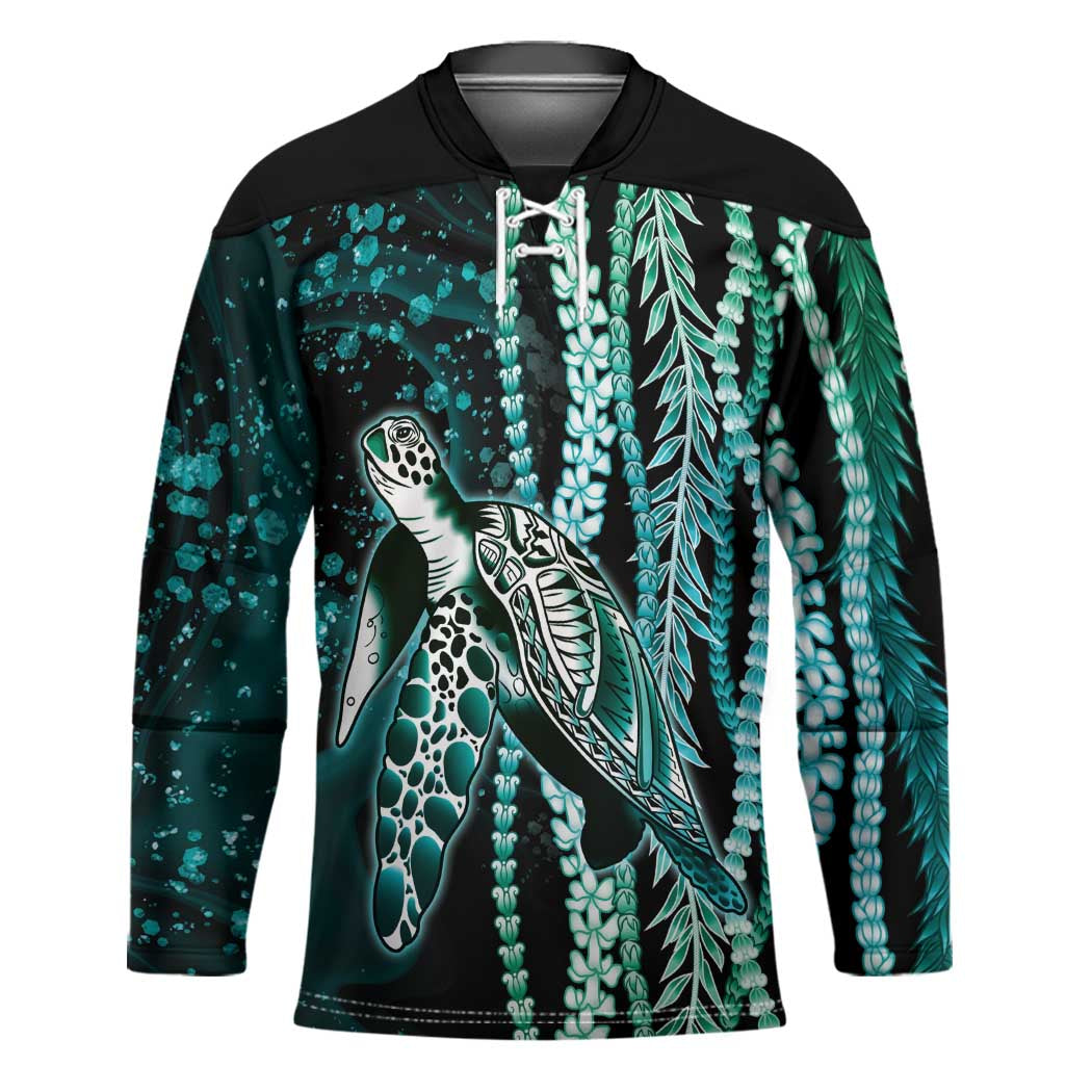Hawaiian Honu Personalized Hockey Jersey Dark Cyan Maile Pikake Flower Lei Inspired
