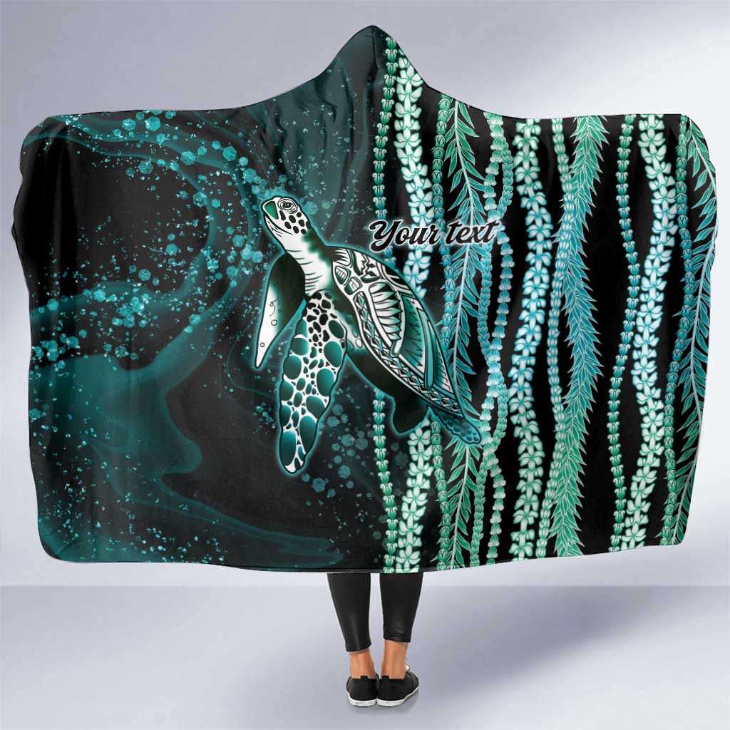 Hawaiian Honu Personalized Hooded Blanket Dark Cyan Maile Pikake Flower Lei Inspired
