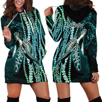 Hawaiian Honu Personalized Hoodie Dress Dark Cyan Maile Pikake Flower Lei Inspired LT9 - Polynesian Pride