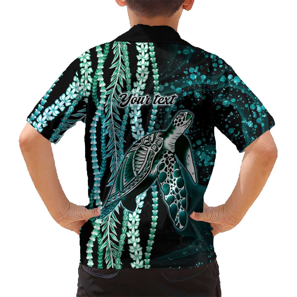 Hawaiian Honu Personalized Kid Hawaiian Shirt Dark Cyan Maile Pikake Flower Lei Inspired