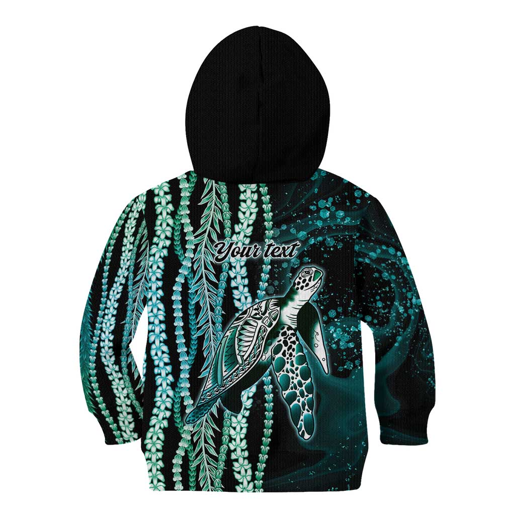 Hawaiian Honu Personalized Kid Hoodie Dark Cyan Maile Pikake Flower Lei Inspired