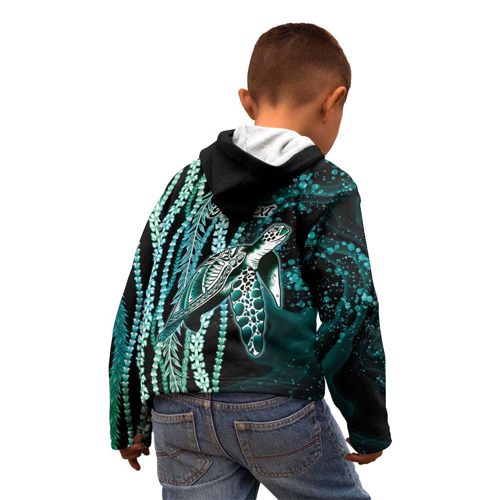Hawaiian Honu Personalized Kid Hoodie Dark Cyan Maile Pikake Flower Lei Inspired