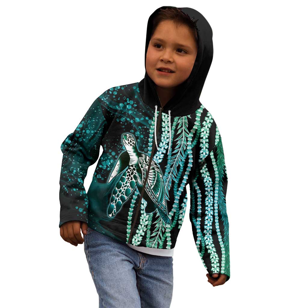 Hawaiian Honu Personalized Kid Hoodie Dark Cyan Maile Pikake Flower Lei Inspired