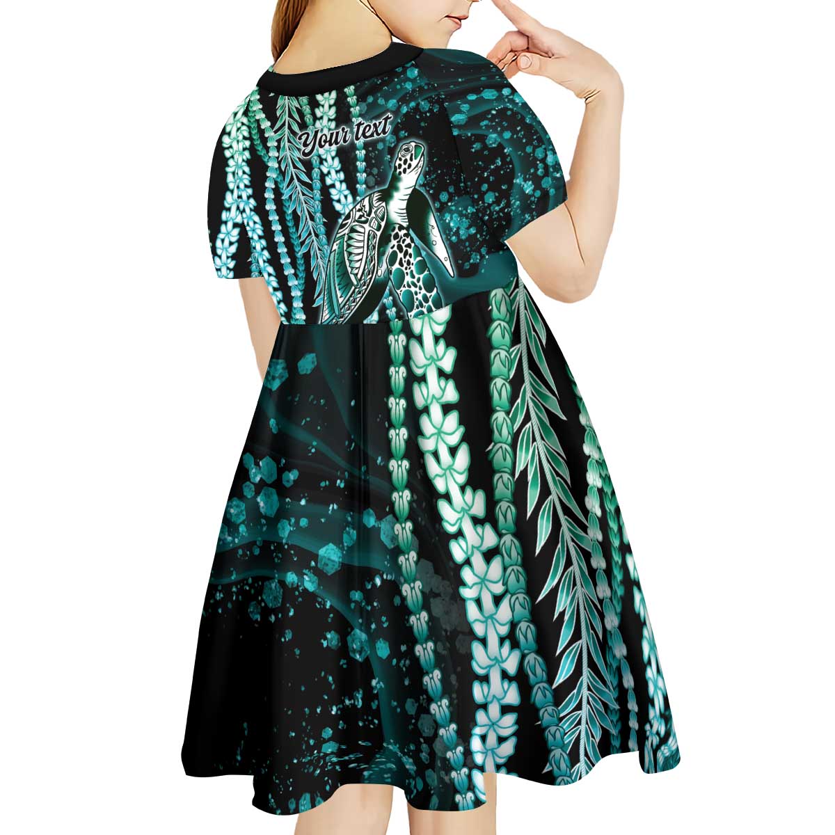 Hawaiian Honu Personalized Kid Short Sleeve Dress Dark Cyan Maile Pikake Flower Lei Inspired