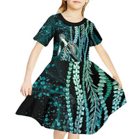Hawaiian Honu Personalized Kid Short Sleeve Dress Dark Cyan Maile Pikake Flower Lei Inspired