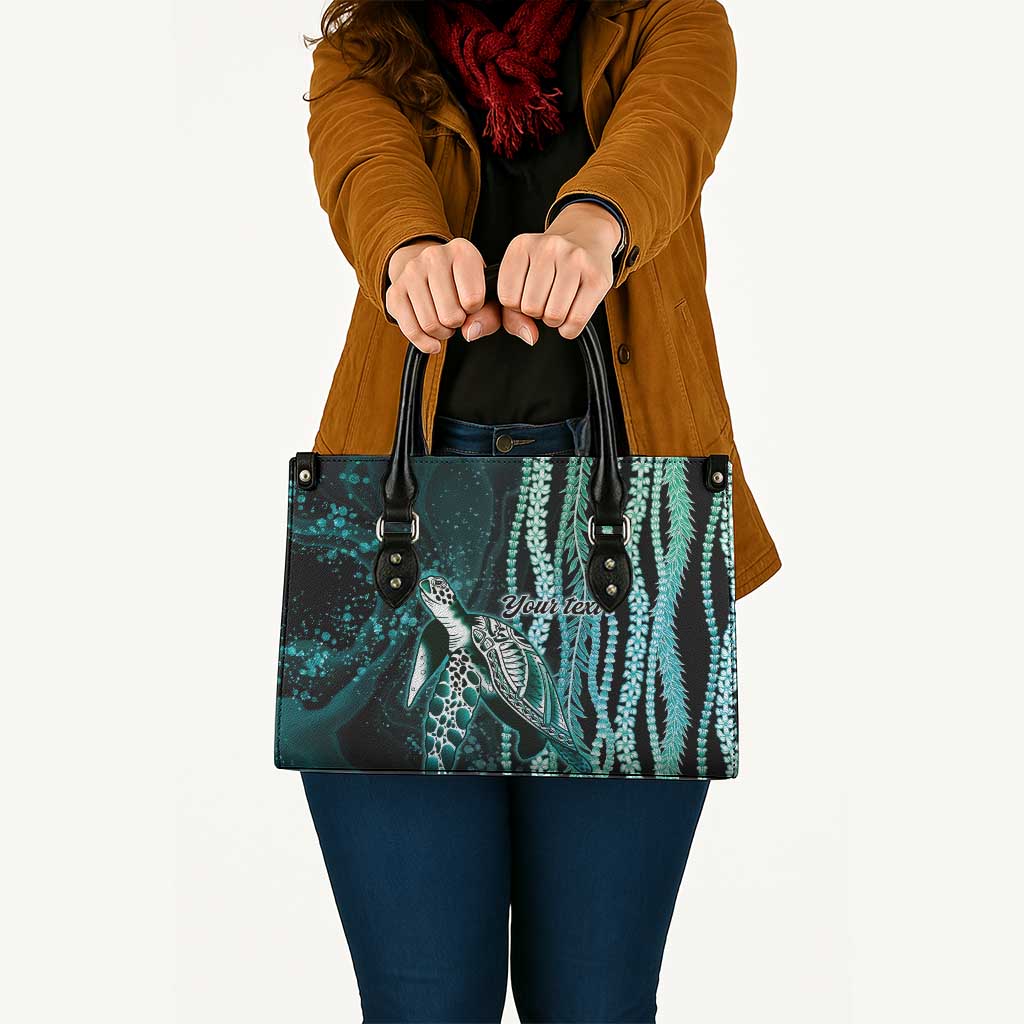 Hawaiian Honu Personalized Leather Bag Dark Cyan Maile Pikake Flower Lei Inspired