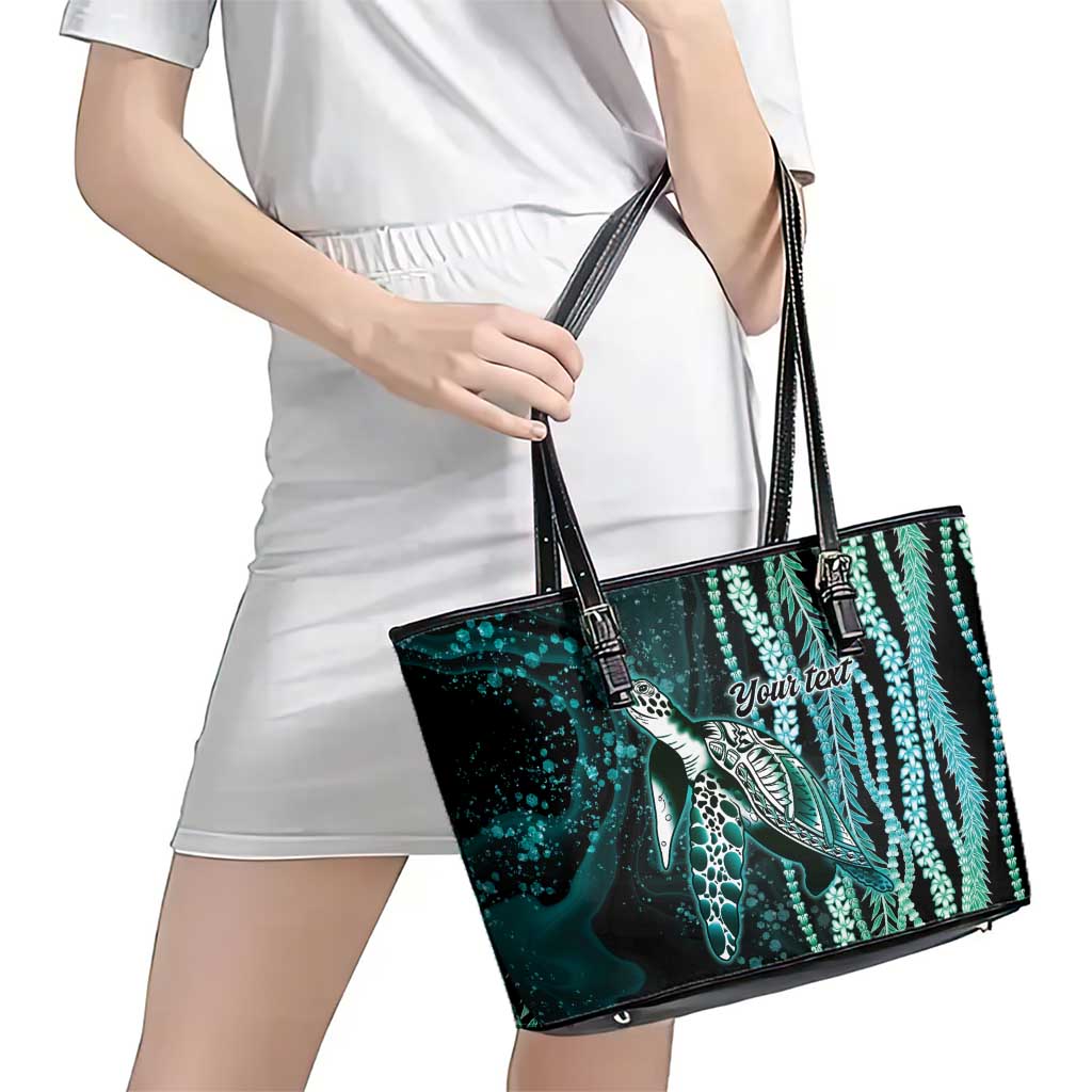 Hawaiian Honu Personalized Leather Tote Bag Dark Cyan Maile Pikake Flower Lei Inspired
