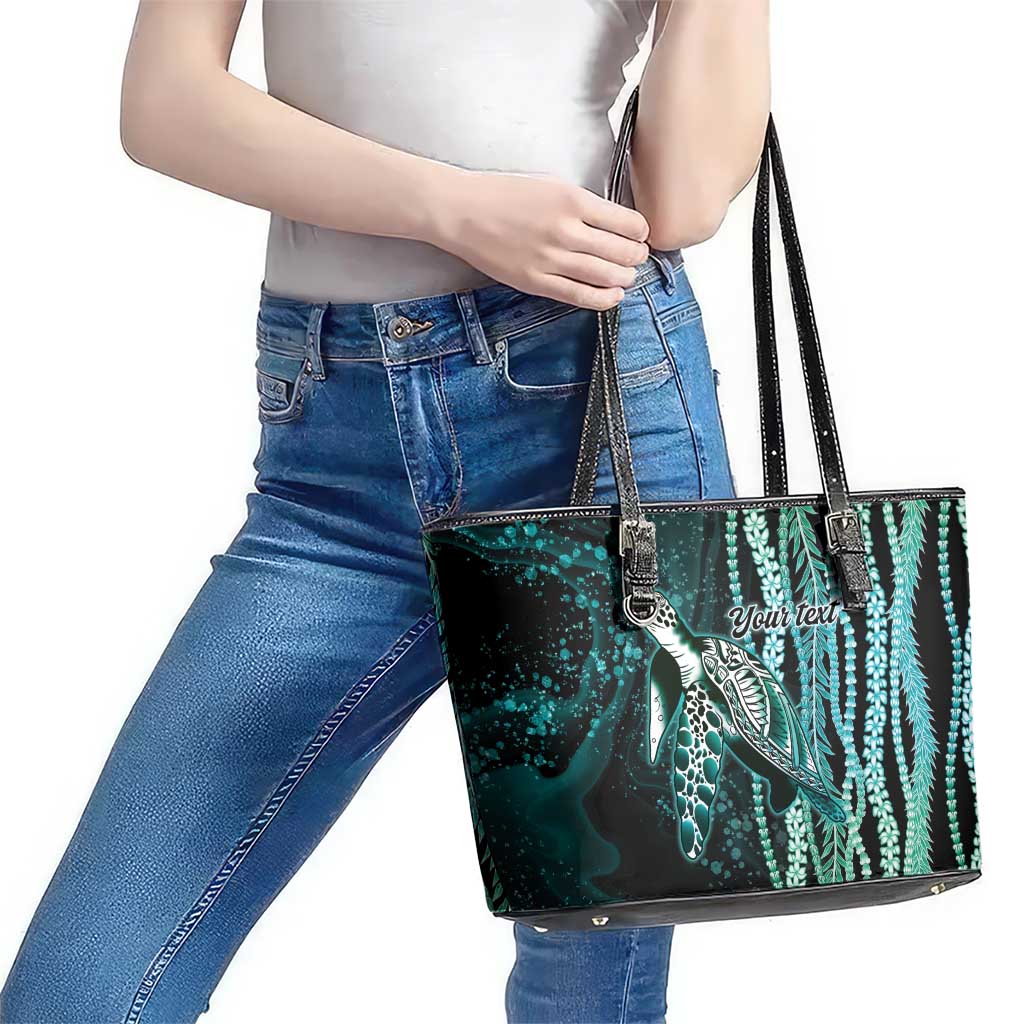 Hawaiian Honu Personalized Leather Tote Bag Dark Cyan Maile Pikake Flower Lei Inspired