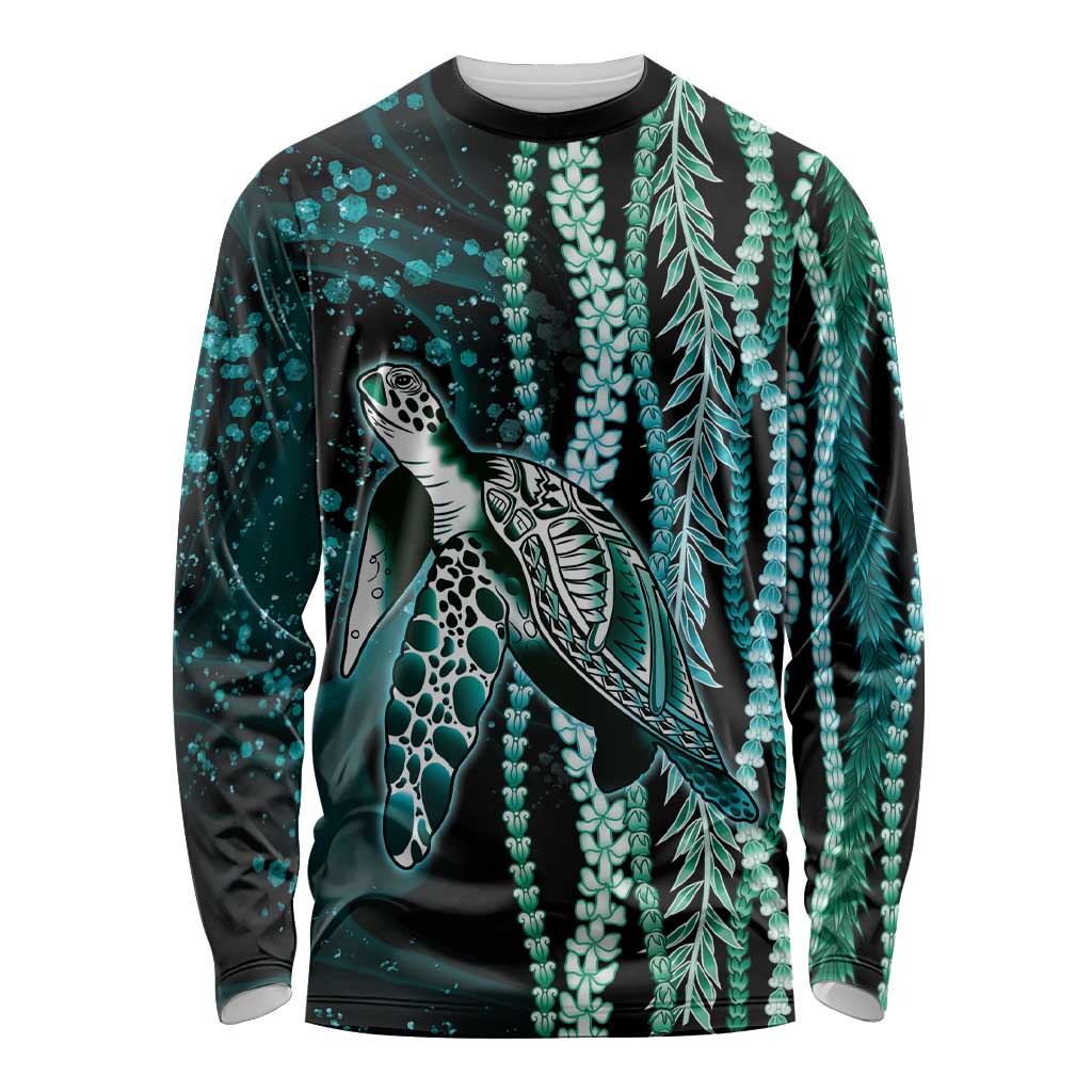 Hawaiian Honu Personalized Long Sleeve Shirt Dark Cyan Maile Pikake Flower Lei Inspired