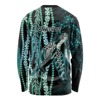 Hawaiian Honu Personalized Long Sleeve Shirt Dark Cyan Maile Pikake Flower Lei Inspired