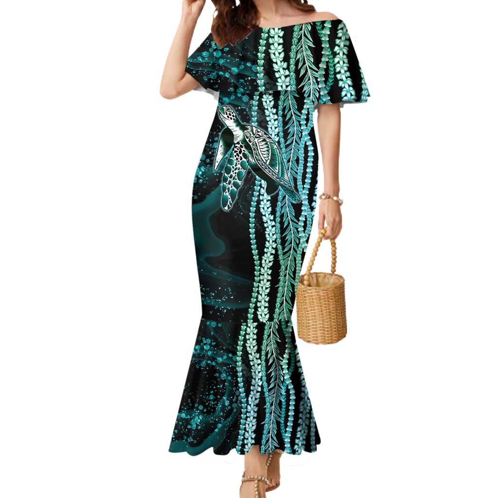 Hawaiian Honu Personalized Mermaid Dress Dark Cyan Maile Pikake Flower Lei Inspired