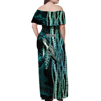 Hawaiian Honu Personalized Off Shoulder Maxi Dress Dark Cyan Maile Pikake Flower Lei Inspired