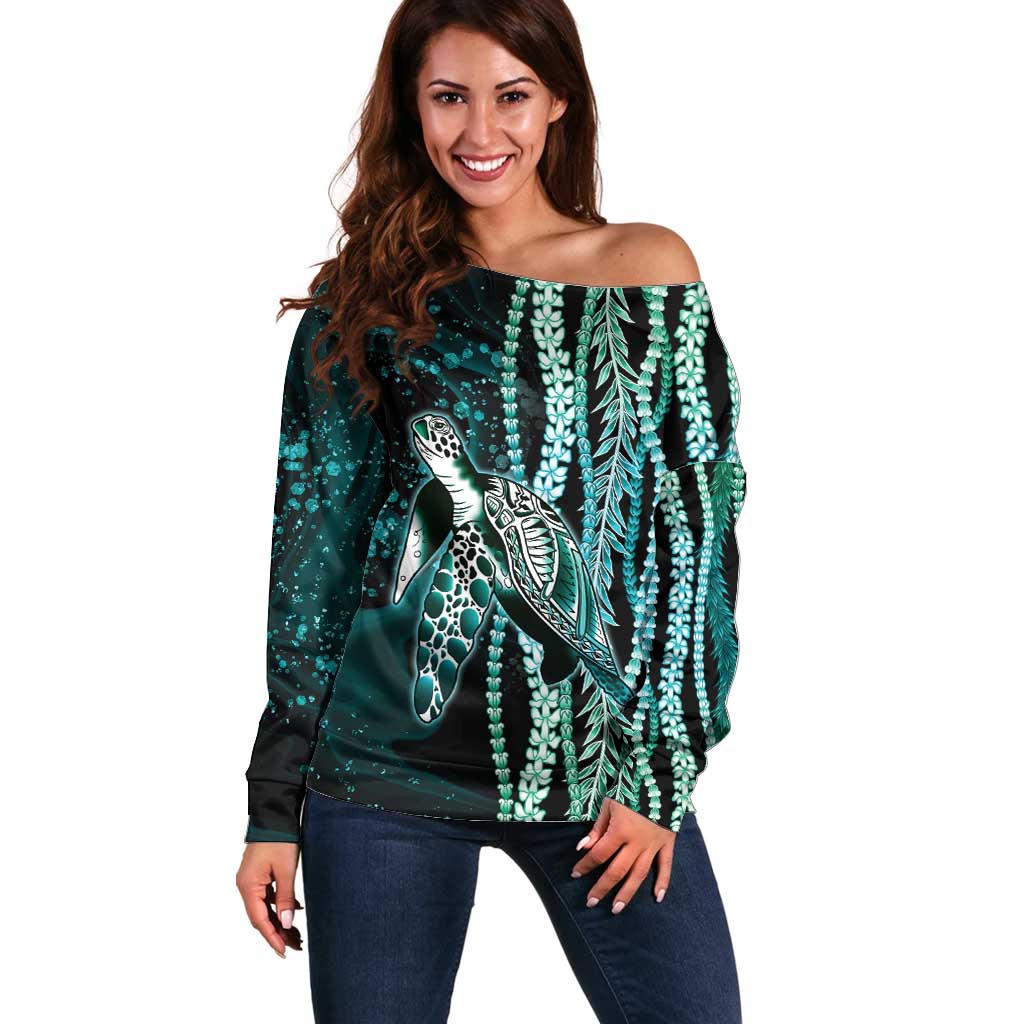Hawaiian Honu Personalized Off Shoulder Sweater Dark Cyan Maile Pikake Flower Lei Inspired LT9 Women Cyan - Polynesian Pride