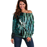 Hawaiian Honu Personalized Off Shoulder Sweater Dark Cyan Maile Pikake Flower Lei Inspired LT9 Women Cyan - Polynesian Pride