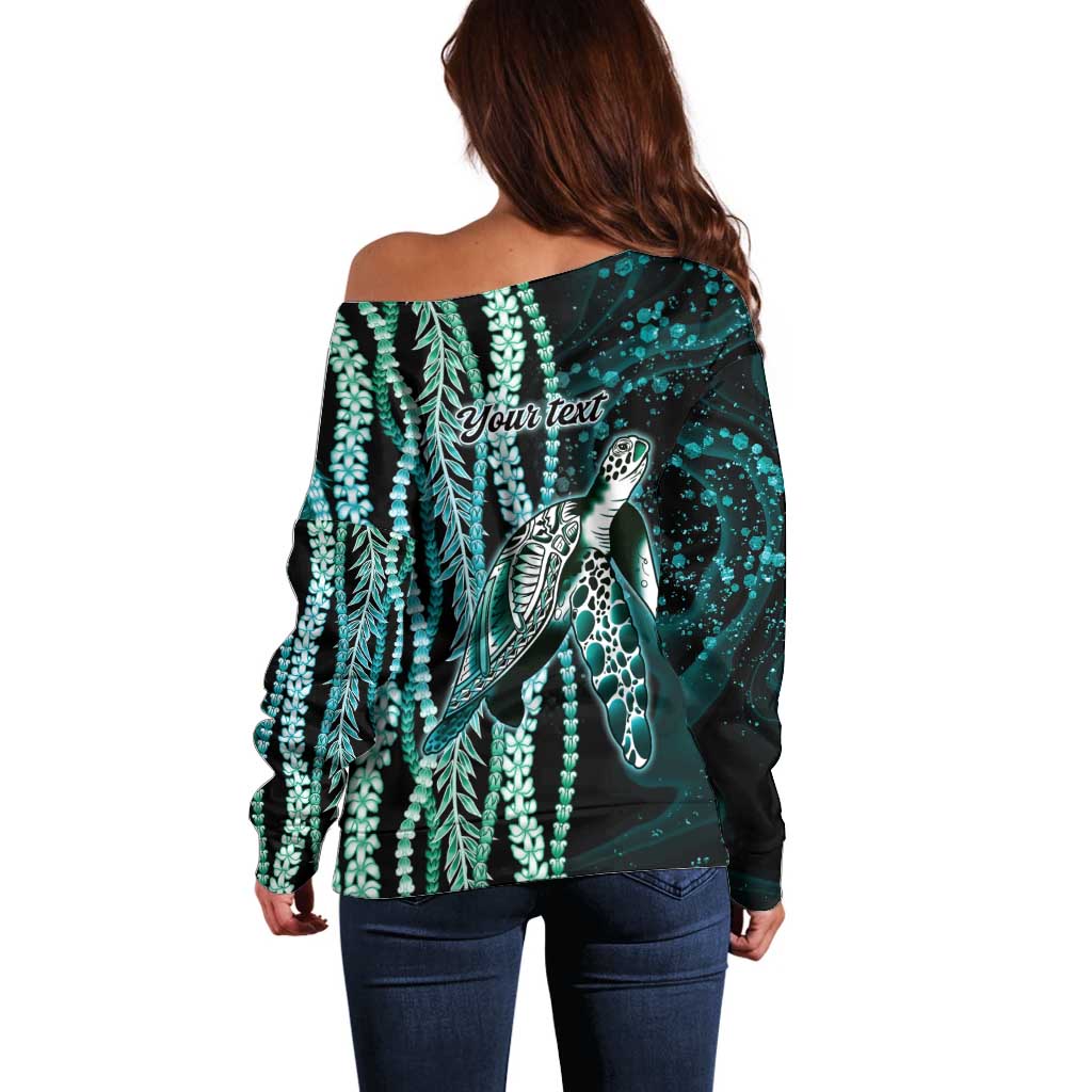 Hawaiian Honu Personalized Off Shoulder Sweater Dark Cyan Maile Pikake Flower Lei Inspired LT9 - Polynesian Pride