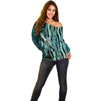 Hawaiian Honu Personalized Off Shoulder Sweater Dark Cyan Maile Pikake Flower Lei Inspired LT9 - Polynesian Pride