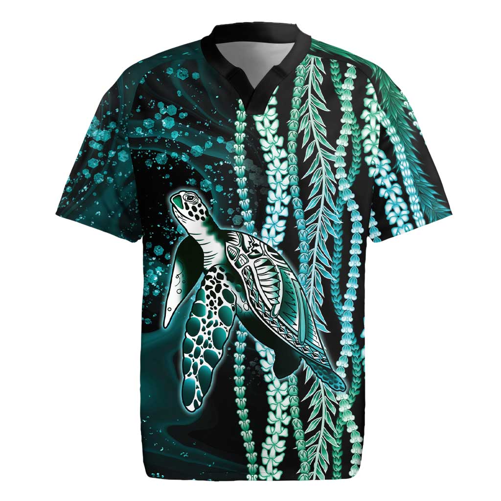 Hawaiian Honu Personalized Rugby Jersey Dark Cyan Maile Pikake Flower Lei Inspired LT9 Cyan - Polynesian Pride