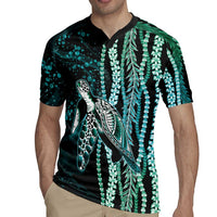 Hawaiian Honu Personalized Rugby Jersey Dark Cyan Maile Pikake Flower Lei Inspired LT9 - Polynesian Pride