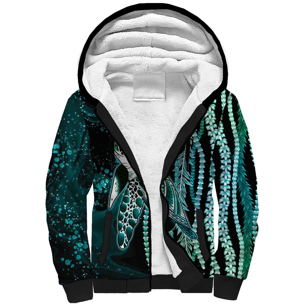 Hawaiian Honu Personalized Sherpa Hoodie Dark Cyan Maile Pikake Flower Lei Inspired