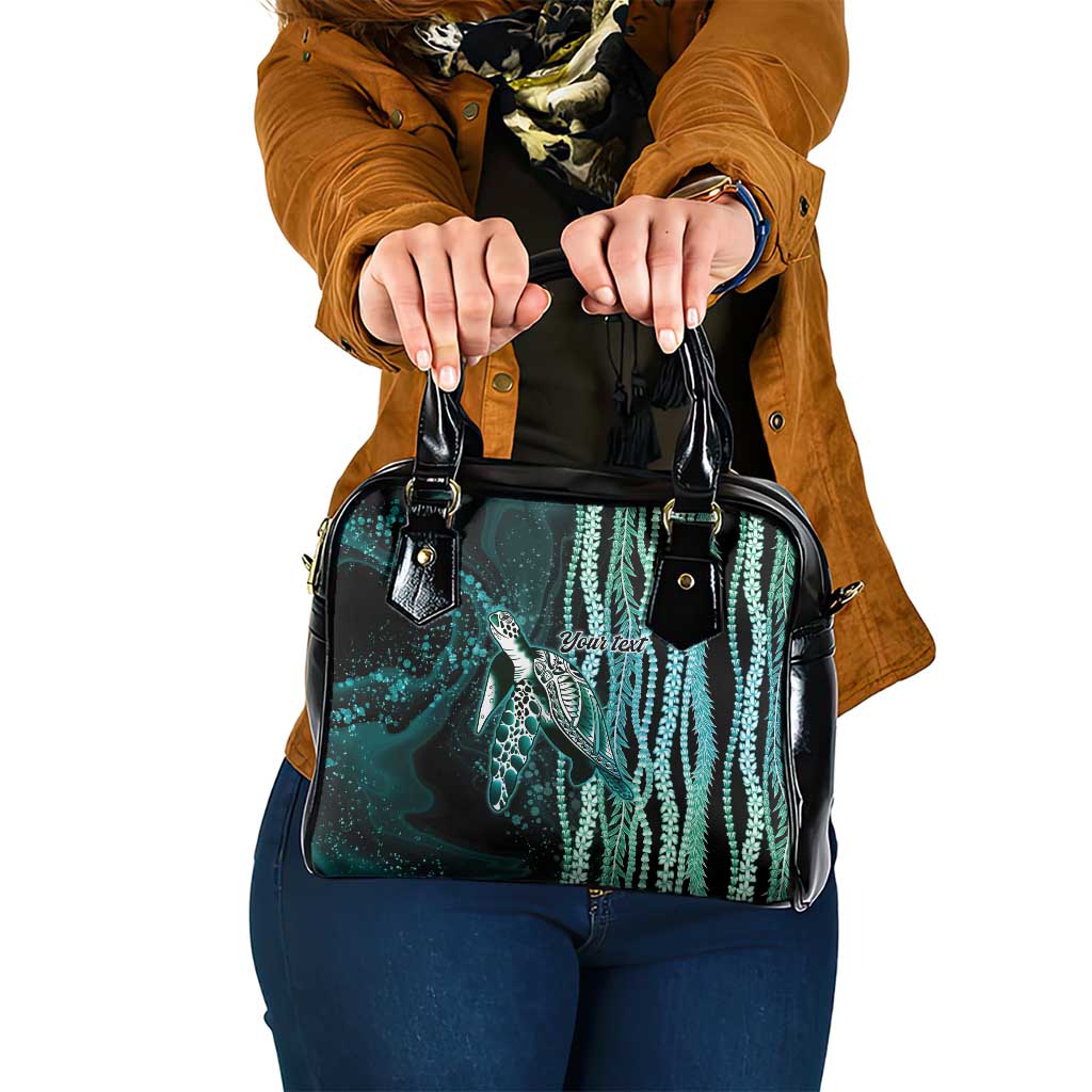 Hawaiian Honu Personalized Shoulder Handbag Dark Cyan Maile Pikake Flower Lei Inspired