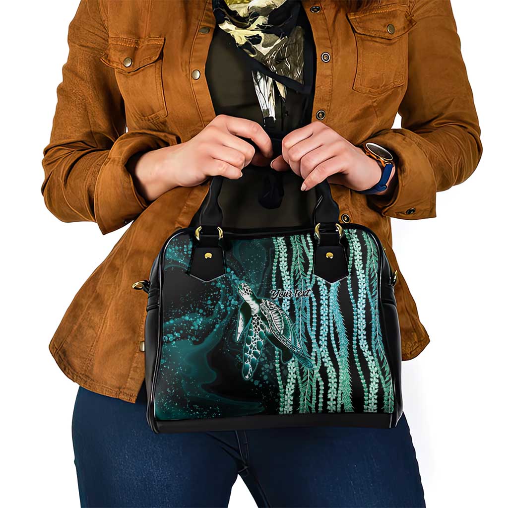 Hawaiian Honu Personalized Shoulder Handbag Dark Cyan Maile Pikake Flower Lei Inspired