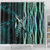 Hawaiian Honu Personalized Shower Curtain Dark Cyan Maile Pikake Flower Lei Inspired