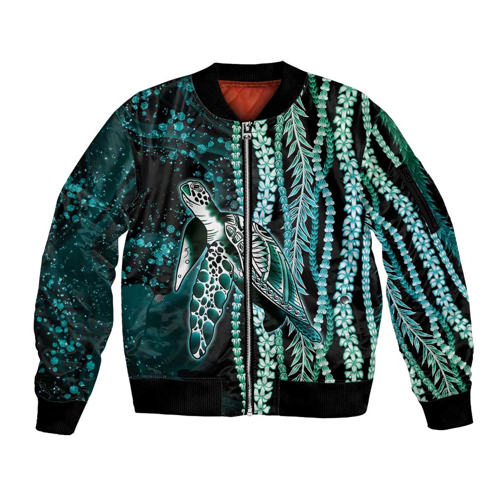 Hawaiian Honu Personalized Sleeve Zip Bomber Jacket Dark Cyan Maile Pikake Flower Lei Inspired