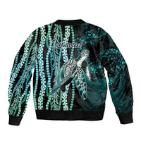 Hawaiian Honu Personalized Sleeve Zip Bomber Jacket Dark Cyan Maile Pikake Flower Lei Inspired