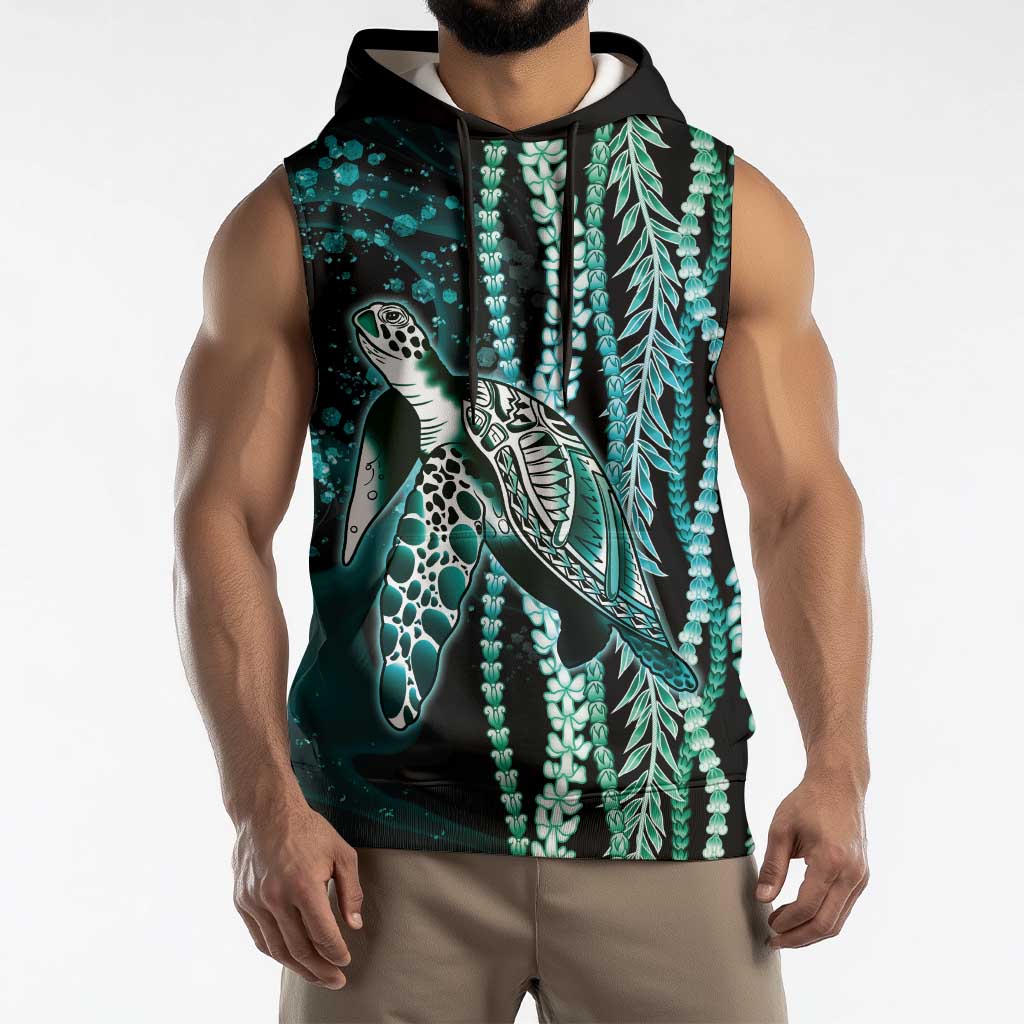 Hawaiian Honu Personalized Sleeveless Hoodie Dark Cyan Maile Pikake Flower Lei Inspired