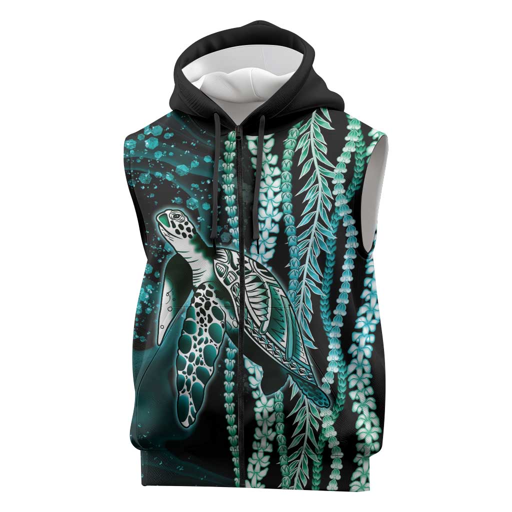 Hawaiian Honu Personalized Sleeveless Zip Hoodie Dark Cyan Maile Pikake Flower Lei Inspired