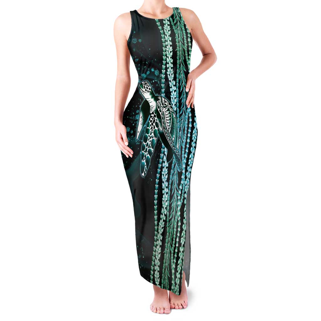 Hawaiian Honu Personalized Tank Maxi Dress Dark Cyan Maile Pikake Flower Lei Inspired