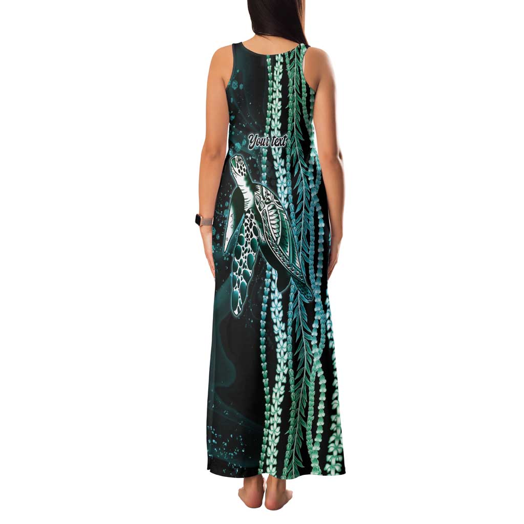 Hawaiian Honu Personalized Tank Maxi Dress Dark Cyan Maile Pikake Flower Lei Inspired