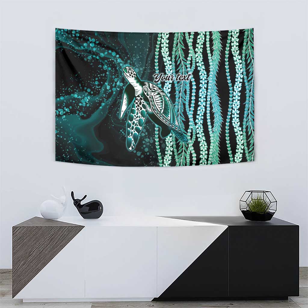Hawaiian Honu Personalized Tapestry Dark Cyan Maile Pikake Flower Lei Inspired