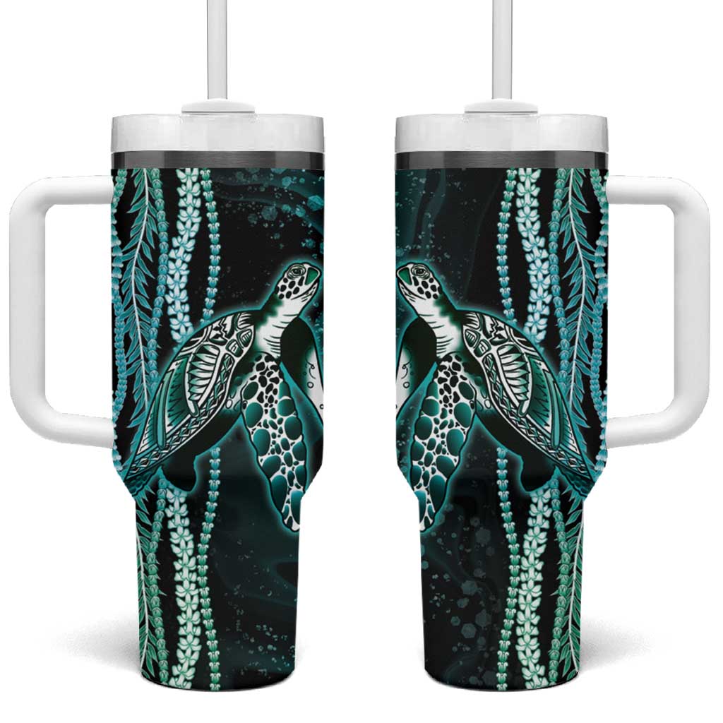 Hawaiian Honu Personalized Tumbler With Handle Dark Cyan Maile Pikake Flower Lei Inspired