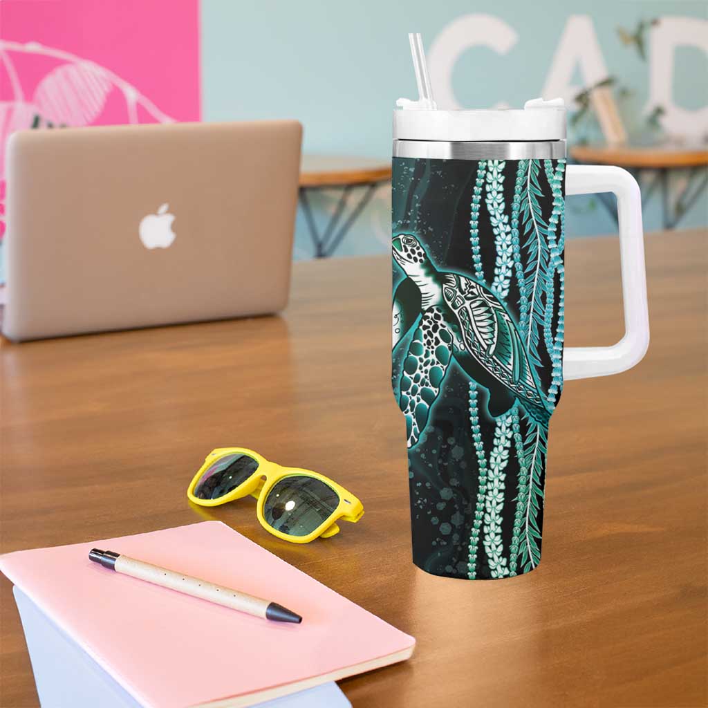 Hawaiian Honu Personalized Tumbler With Handle Dark Cyan Maile Pikake Flower Lei Inspired