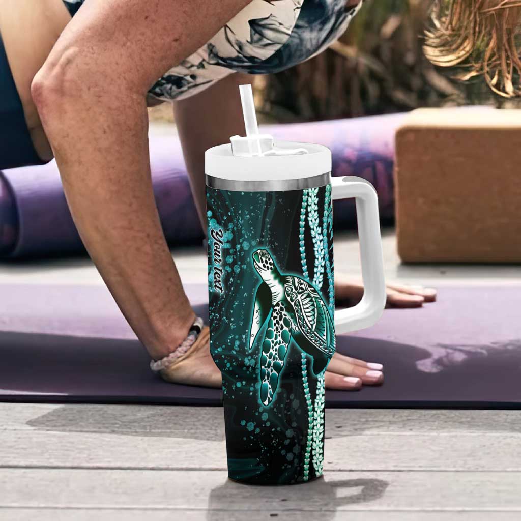 Hawaiian Honu Personalized Tumbler With Handle Dark Cyan Maile Pikake Flower Lei Inspired