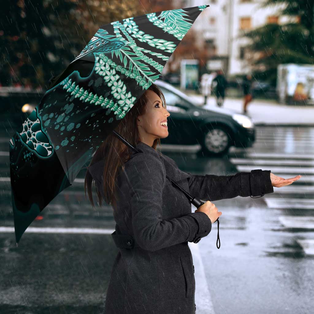 Hawaiian Honu Personalized Umbrella Dark Cyan Maile Pikake Flower Lei Inspired