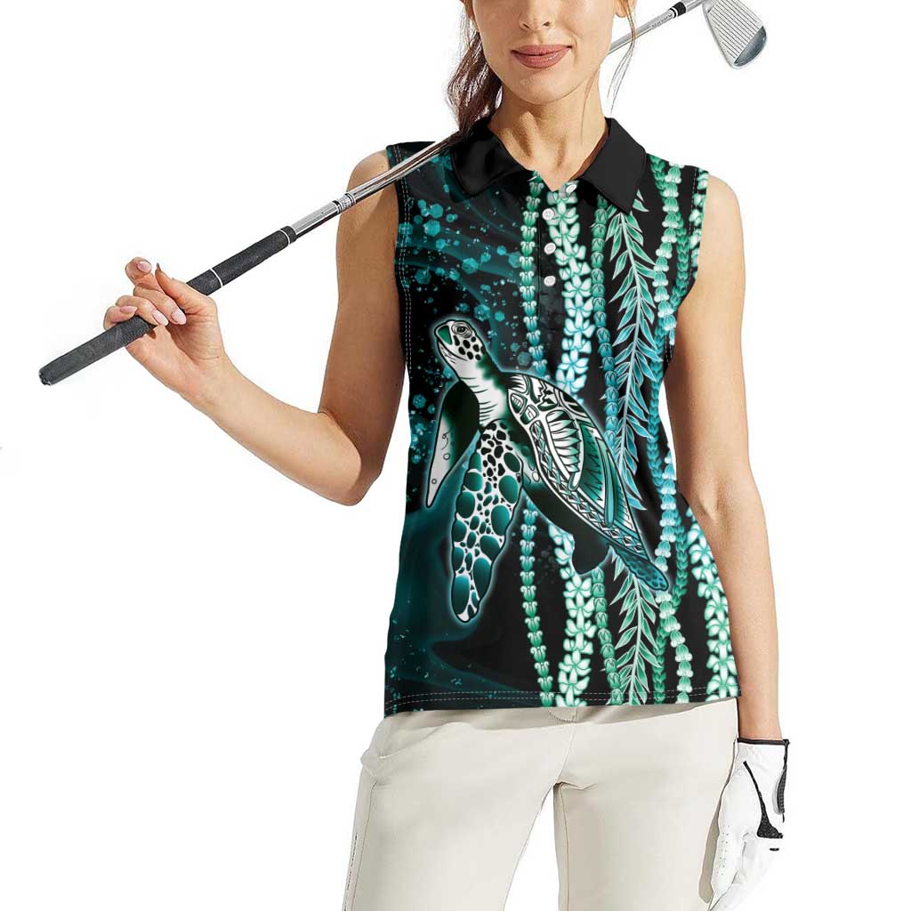 Hawaiian Honu Personalized Women Sleeveless Polo Shirt Dark Cyan Maile Pikake Flower Lei Inspired