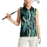 Hawaiian Honu Personalized Women Sleeveless Polo Shirt Dark Cyan Maile Pikake Flower Lei Inspired