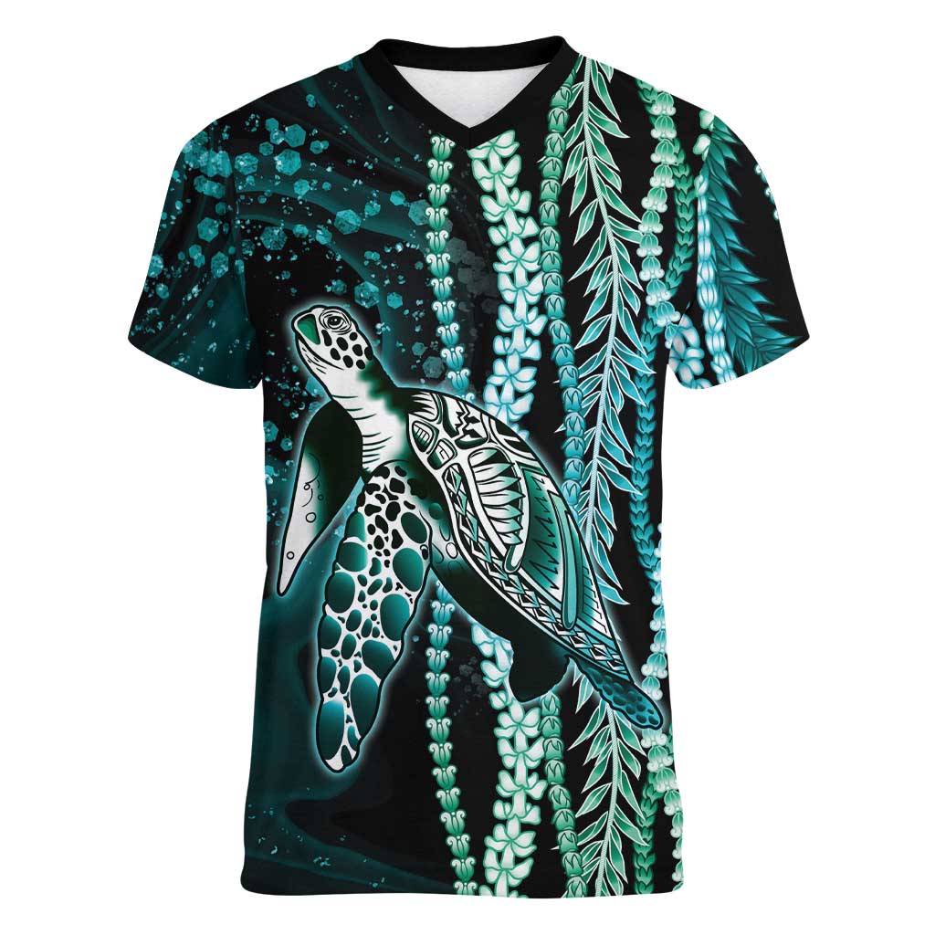 Hawaiian Honu Personalized Women V-Neck T-Shirt Dark Cyan Maile Pikake Flower Lei Inspired
