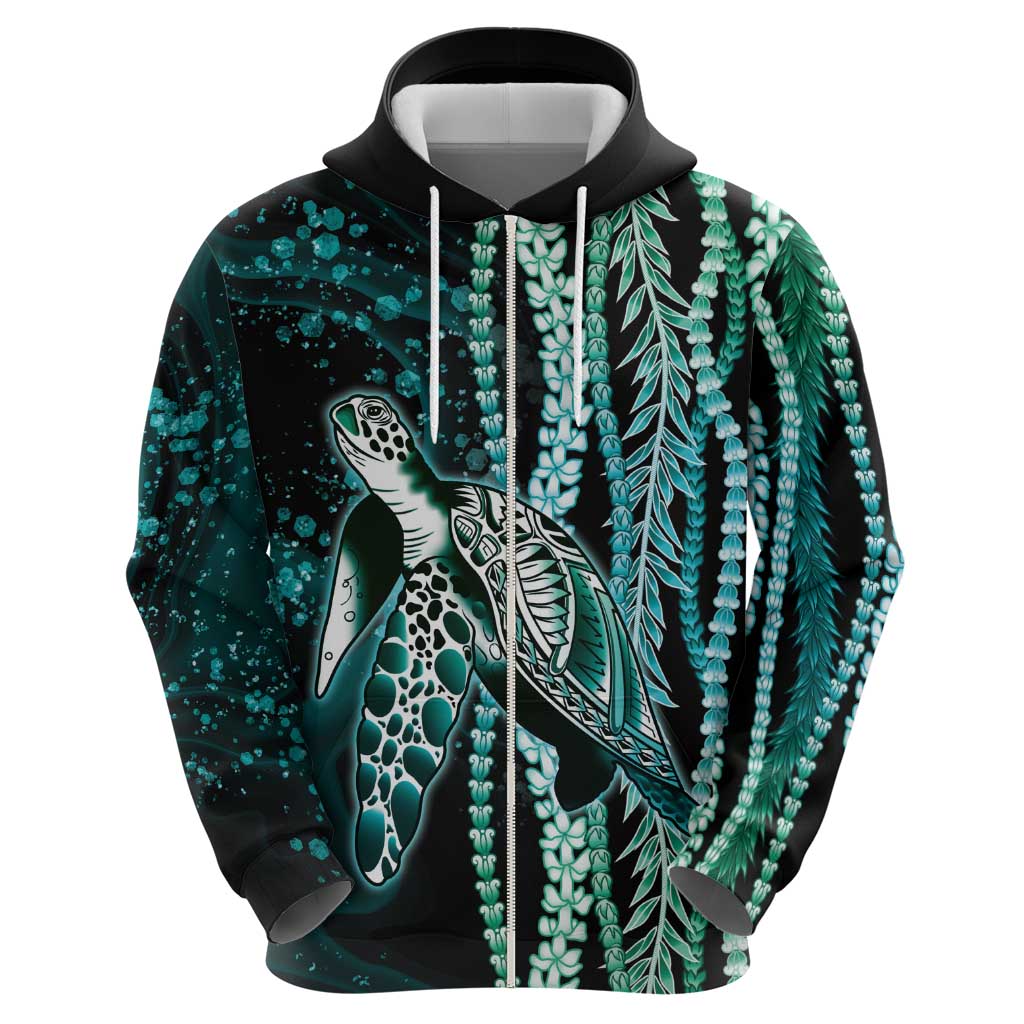Hawaiian Honu Personalized Zip Hoodie Dark Cyan Maile Pikake Flower Lei Inspired