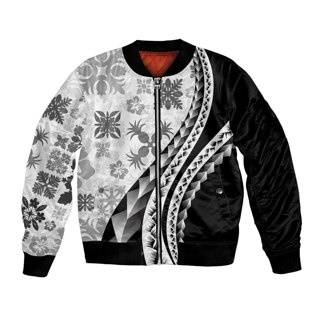 Black Hawaiian Quilt Pattern Bomber Jacket Mixed Polynesian Tribal Arty