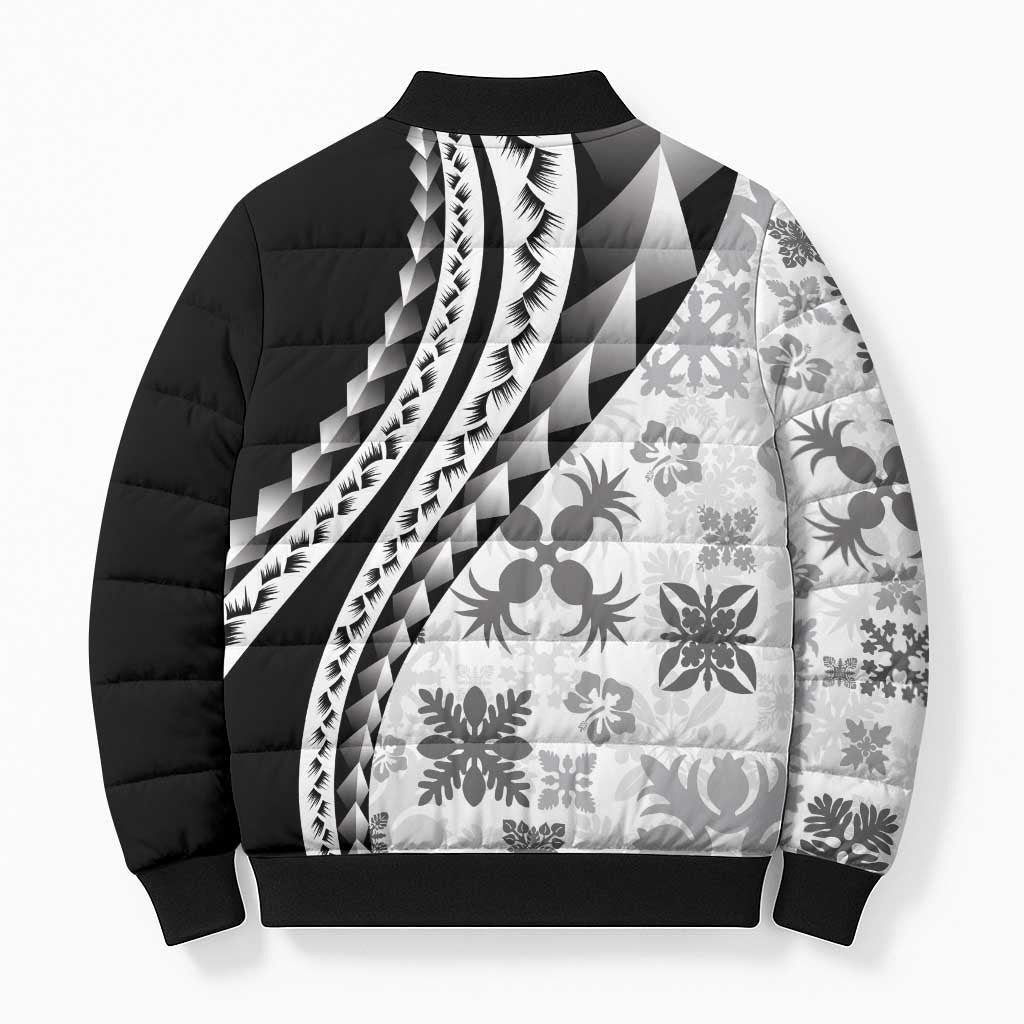 Black Hawaiian Quilt Pattern Bomber Puffer Jacket Mixed Polynesian Tribal Arty - Polynesian Pride