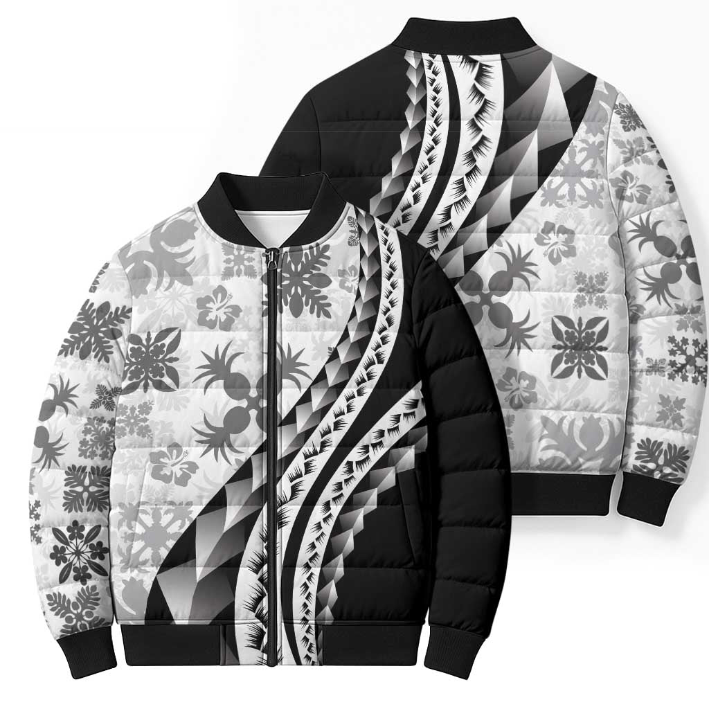 Black Hawaiian Quilt Pattern Bomber Puffer Jacket Mixed Polynesian Tribal Arty - Polynesian Pride