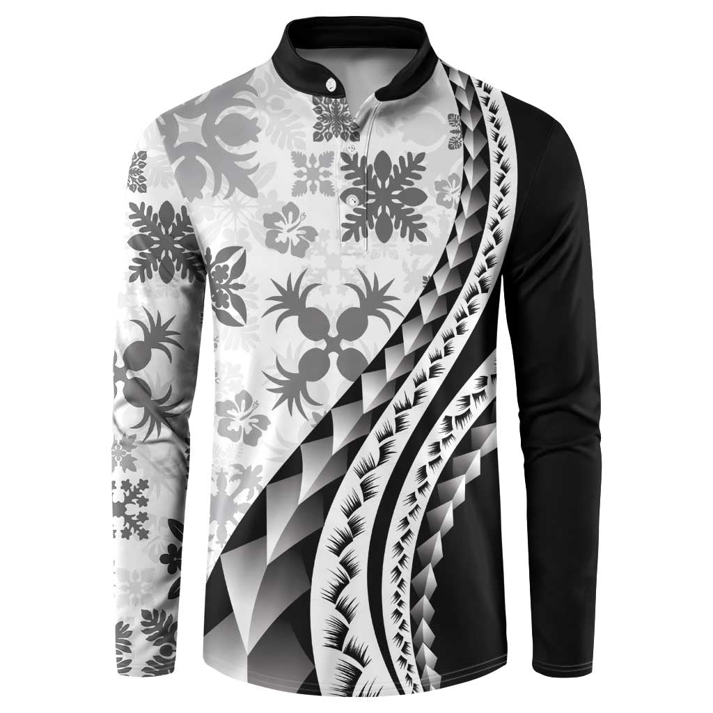 Black Hawaiian Quilt Pattern Button Sweatshirt Mixed Polynesian Tribal Arty