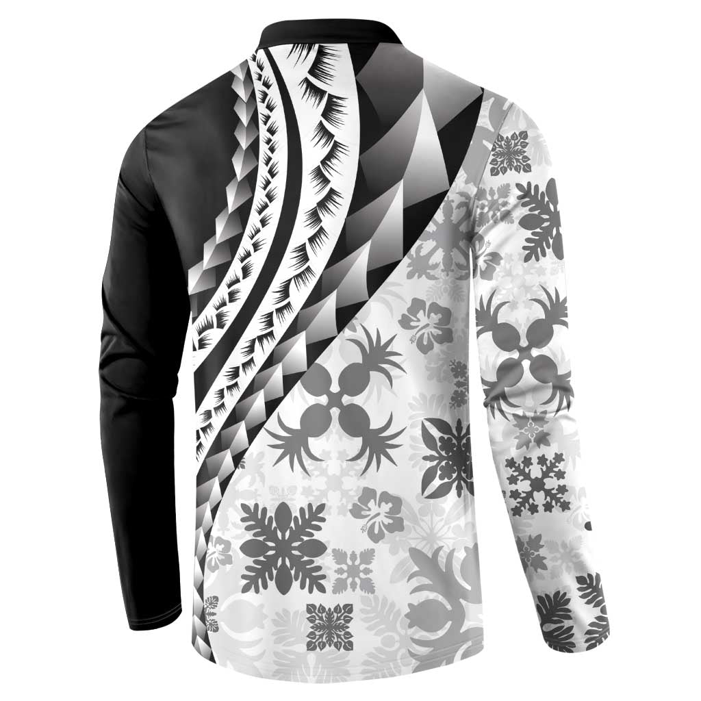 Black Hawaiian Quilt Pattern Button Sweatshirt Mixed Polynesian Tribal Arty