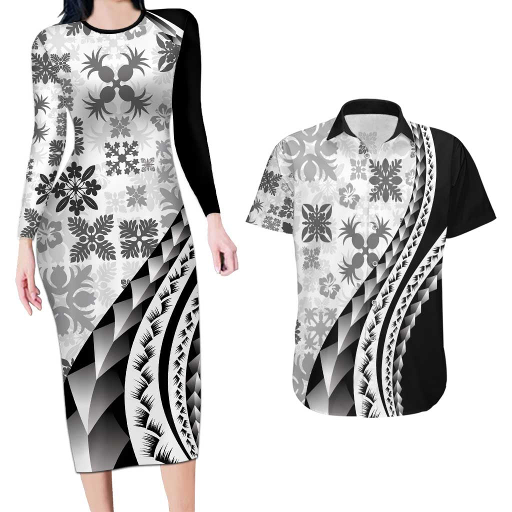 Black Hawaiian Quilt Pattern Couples Matching Long Sleeve Bodycon Dress and Hawaiian Shirt Mixed Polynesian Tribal Arty