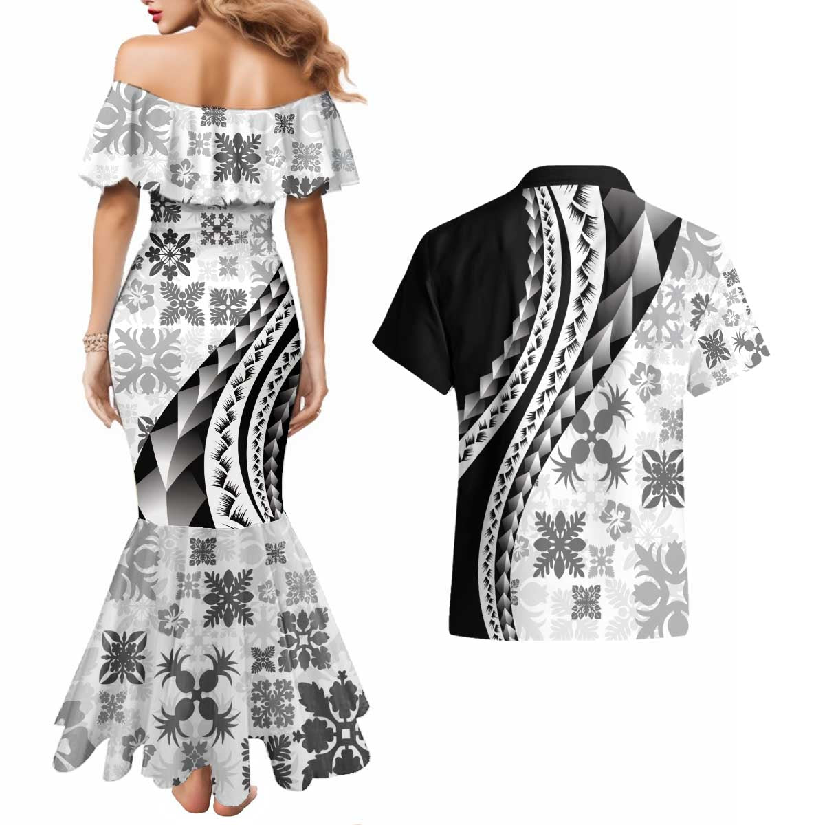 Black Hawaiian Quilt Pattern Couples Matching Mermaid Dress and Hawaiian Shirt Mixed Polynesian Tribal Arty