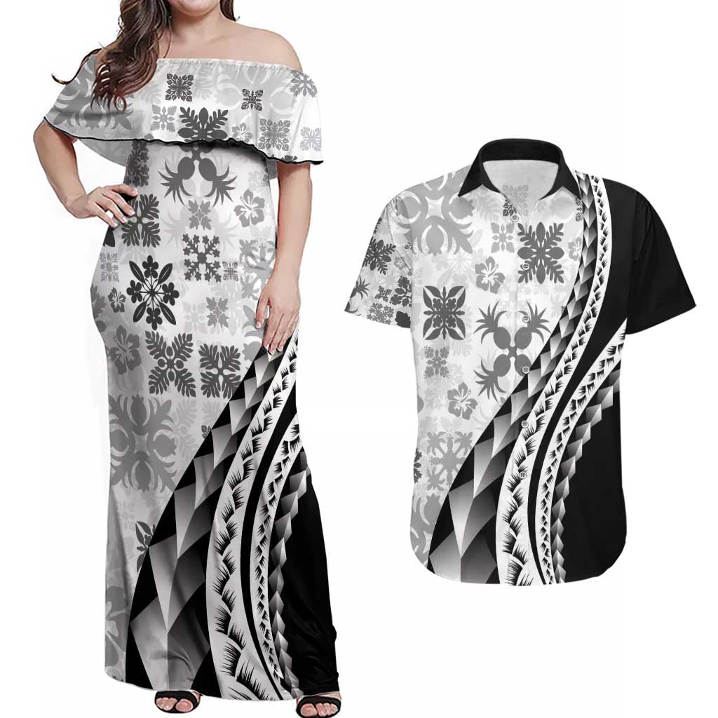 Black Hawaiian Quilt Pattern Couples Matching Off Shoulder Maxi Dress and Hawaiian Shirt Mixed Polynesian Tribal Arty