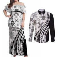 Black Hawaiian Quilt Pattern Couples Matching Off Shoulder Maxi Dress and Long Sleeve Button Shirt Mixed Polynesian Tribal Arty